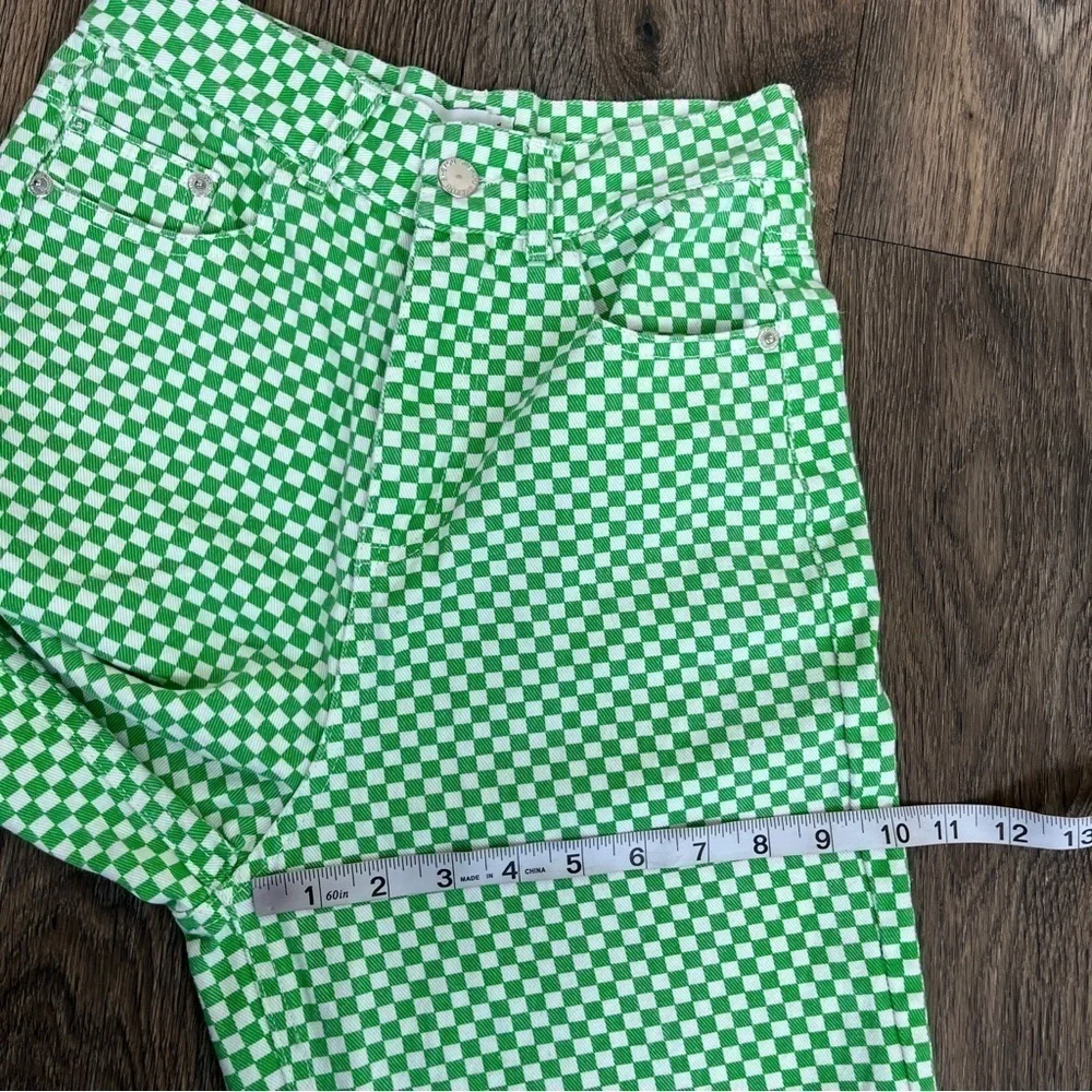 Shekou Women Size XS Linen Green Checkered Straight Leg High Waisted Trousers
